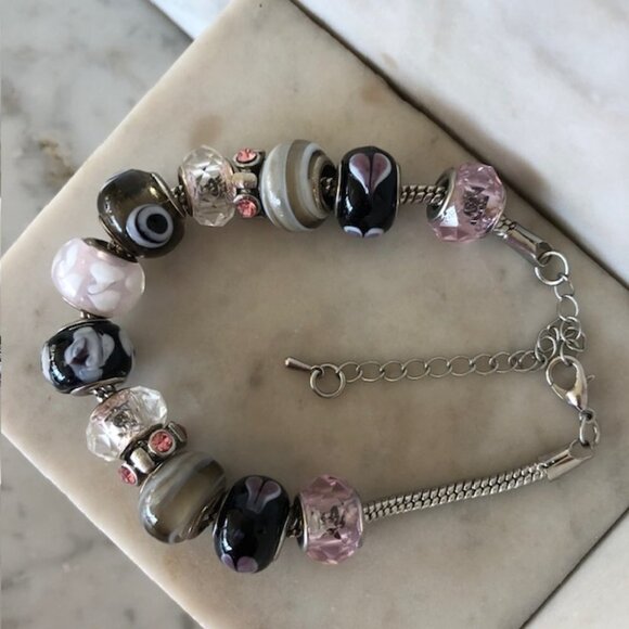 Murano Glass Slider Charm Bracelet Silver Pink Black 11 in long - Picture 5 of 15